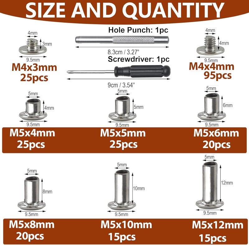 Socell 120Sets Chicago Screws Kit, 6 Sizes Chicago Screws for Leather,Binding Screws Leather Rivet kit for Crafts, Clothing, Shoes, Belts, Bags, and Custom-Made Items(Silver, M5*4,5,6,8,10,12) - Image 2